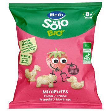 Snack eco din cereale cu capsuni Solo Minipuffs +8 luni, 18g, Hero Baby