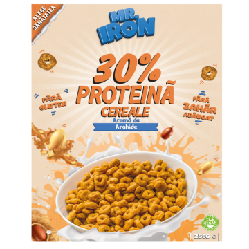 Cereale cu 30% proteina fara zahar low-carb gluten free si vegane Unt de Arahide, 250g, Mr. Iron