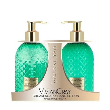 Set cadou Sapun lichid Unisex Vivian Gray Gemstone Green Lemongrass and Bergamota, 300 ml + Crema de maini, 300 ml