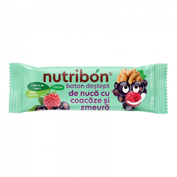 Baton vegan nuca cu coacaza si zmeura, 30g, Nutribon