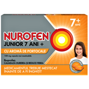 Nurofen Junior 7ani+ cu aroma de portocale 100mg - 24 capsule moi masticabile