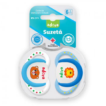 Suzeta din silicon, cu cutie de sterilizare, 6-18 luni, design baiat, 2 bucati, Adora