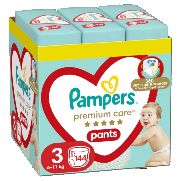 Scutece-chilotel Premium Care Pants XXL Box Marimea 3 pentru 6-11 kg, 144 bucati, Pampers