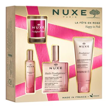 Set Happy in Pink Nuxe, Apa de Parfum Prodigieux Floral Le Parfum, 15 ml + Lumanare Parfumata, 70 g + Gel de Dus 100 ml + Ulei Fata, Corp si Par, 100 ml