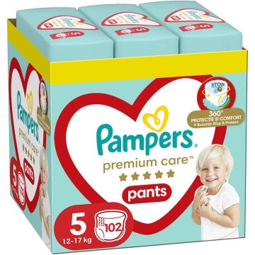 Scutece-chilotel Premium Care Pants XXL Box Marimea 5 pentru 12-17 kg, 102 bucati, Pampers