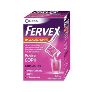 Fervex Raceala si Gripa Fara Zahar pentru Copii 280mg/100 mg/10 mg 8 plicuri Upsa