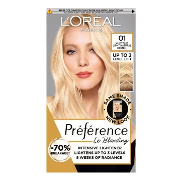 Vopsea de par permanenta cu amoniac Preference Le Blonding 01 Blond Natural foarte deschis, 178ml, L'Oreal Paris