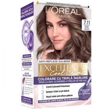 Vopsea de par permanenta Excellence Cool Creme 7.11 Blond Ultra-Cenusiu, 192ml, L'Oreal Paris