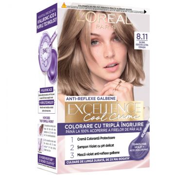 Vopsea de par permanenta Excellence Cool Creme 8.11 Blond Deschis Ultra-Cenusiu, 192ml, L'Oreal Paris