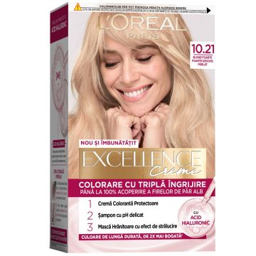 Vopsea de par permanenta Excellence Creme 10.21 Blond Foarte Deschis Perlat, 192ml, L'Oreal Paris