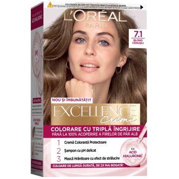 Vopsea de par permanenta Excellence Creme 7.1 Blond Cenusiu, 192ml, L'Oreal Paris