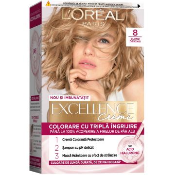 Vopsea de par permanenta Excellence Creme 8 Blond Deschis, 192ml, L'Oreal Paris