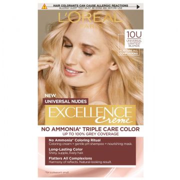 Vopsea de par permanenta fara amoniac Excellence Universal Nudes 10U Lightest Blonde, 192ml, L'Oreal Paris