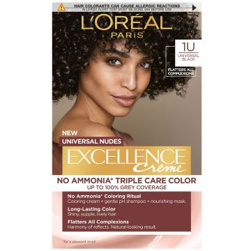 Vopsea de par permanenta fara amoniac Excellence Universal Nudes 1U Black, 192ml, L'Oreal Paris