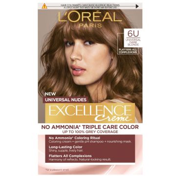 Vopsea de par permanenta fara amoniac Excellence Universal Nudes 6U Dark Blonde, 192ml, L'Oreal Paris