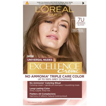 Vopsea de par permanenta fara amoniac Excellence Universal Nudes 7U Blonde, 192ml, L'Oreal Paris