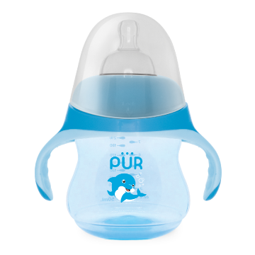 Biberon cu manere tip delfin, albastru, 230ml, PUR