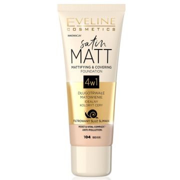 Fond de ten Satin Matt Mattifying & Covering 104 Beige, 30ml, Eveline Cosmetics