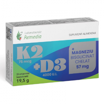 K2+D3+Magneziu bisglicinat chelat, 30 comprimate, Remedia