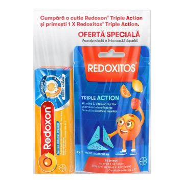 Redoxon Triple Action Vitamine si Zinc pentru sustinerea imunitatii 10 comprimate efervescente + Redoxitos Triple Action, Vitamina C suport imunitar 25 de jeluri gumate