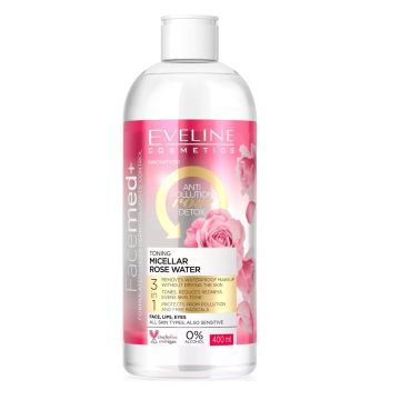 Apa micelara tonifianta de trandafiri, Eveline Cosmetics, Facemed+, Toning Micellar Rose Water 3 in 1, 400 ml