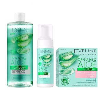 Set cadou Eveline Aloe Collagen, Crema-gel hidratanta si calmanta, 50 ml + Apa micelara, 500 ml + Spuma de curatare Purifianta si Calmanta, 150 ml