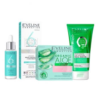 Set cadou Eveline Aloe Glow, Crema-gel hidratanta si calmanta, 50 ml + Ser reparator lipidic cu ceramide, 30 ml + Gel de curatare fata, Facemed+ cu Aloe Vera, Moisturising and Soothing 3in1, 150 ml