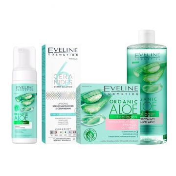 Set cadou Eveline Collagen Revive, Crema-gel hidratanta si calmanta, 50 ml + Apa micelara, 500 ml + Spuma de curatare Purifianta si Calmanta, 150 ml + Ser reparator lipidic cu ceramide, 6 Ceramide, 30 ml