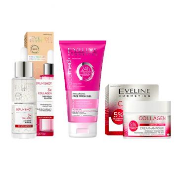 Set cadou Eveline Cosmetics Youthful Glow, Crema hranitoare pentru ten matur Collagen Therapy, 50 ml + Gel de curatare 3 in 1 cu acid hialuronic FaceMed+, 150 ml + Ser de fata cu colagen Serum Shot 3X Colagen 24k Gold Elastin, 30 ml