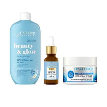 Set cadou Eveline Hyaluron Aqua, Crema hidratanta pentru ten uscat si foarte uscat, 50 ml + Ser fata 2in1 pentru hranire si netezire Duo Power, 18ml + Balsam hidratant pentru corp, Hydragenious, 350 ml