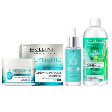 Set cadou Eveline Niacinamide Clear Glow, Crema pentru ten cu imperfectiuni, 50 ml + Ser reparator lipidic cu ceramide, 6 Ceramide, 30 ml + Apa micelara Aloe Vera 3in1, 400 ml