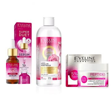 Set cadou Peptide Renewal Eveline Cosmetics Crema antirid pentru ten matur, 50 ml + Ser concentrat de lifting Super Duo cu 5% peptide, 18 ml + Apa micelara tonifianta de trandafiri, Facemed+, Toning Micellar Rose Water 3 in 1, 400 ml