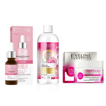 Set cadou Peptides Glow Eveline Cosmetics Crema antirid pentru ten matur, 50 ml + Ser lifting cu multi peptide, 18 ml + Apa micelara tonifianta de trandafiri, Facemed+, Toning Micellar Rose Water 3 in 1, 400 ml