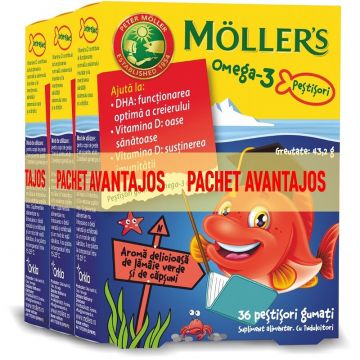 Pachet Pestisori gumati cu Omega-3 si aroma de capsuni, 3x36 jeleuri, Moller's