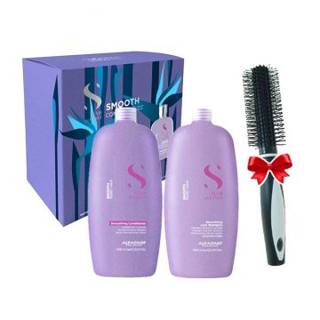 Set pentru netezire Alfaparf Milano Semi Di Lino Smoothing Sampon 1000 ml + Balsam 1000 ml + Perie rotunda