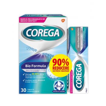 Corega Ultra Fixare Neutro Crema adeziva 40 g + Corega Tabs Bio Formula Tablete curatare proteza 30 bucati 1+1 90% din al II-lea