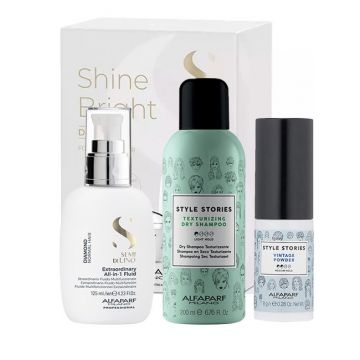 Set Alfaparf Milano Diamond Illuminating Fluid pentru stralucire All-in-1 + Sampon uscat Style Stories 200 ml + Pudra pentru volum Style Stories Vintage Powder 8 g