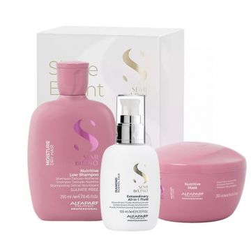 Set Alfaparf Semi Di Lino Moisture Nutritive Sampon, 250 ml + Masca 200 ml + Fluid pentru stralucire All-in-1 Diamond Illuminating, 125 ml