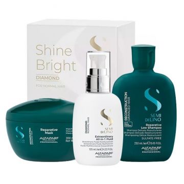 Set Alfaparf Semi Di Lino Reconstruction Sampon, 250 ml + Masca 200 ml + Fluid pentru stralucire All-in-1 Diamond Illuminating, 125 ml