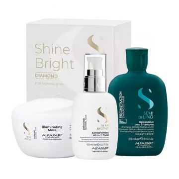 Set Alfaparf Semi Di Lino Reconstruction Sampon, 250 ml + Masca de par pentru stralucire Diamond Illuminating, 200ml + Fluid pentru stralucire All-in-1 Diamond Illuminating, 125 ml