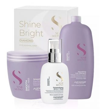 Set pentru netezire Alfaparf Milano Semi Di Lino Sampon, 1000 ml + Masca, 500 ml + Fluid pentru stralucire All-in-1 Diamond Illuminating, 125 ml