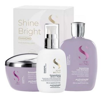 Set pentru netezire Alfaparf Milano Semi Di Lino Sampon, 250 ml + Masca, 200 ml + Fluid pentru stralucire All-in-1 Diamond Illuminating, 125 ml