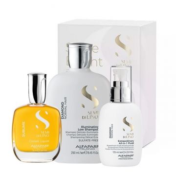 Set pentru stralucire Alfaparf Semi Di Lino Diamond Iluminating cu Sampon 250 ml + Fluid pentru stralucire 125 ml + Ulei pentru stralucire, 50 ml