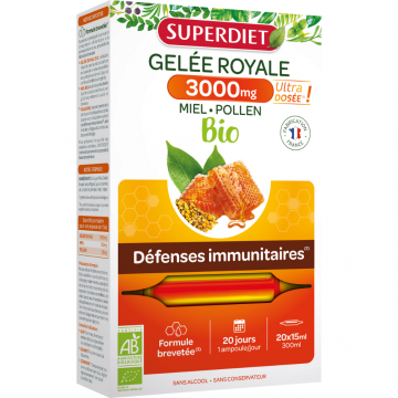 Laptisor de matca Gelee Royale 3000mg Bio, 15ml x 20 fiole sticla, Superdiet