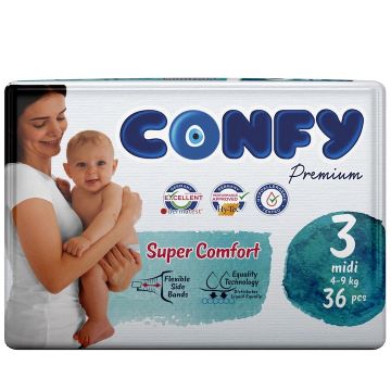 Scutece copii pentru 4 - 9kg Nr.3 Premium Midi, 36 bucati, Confy