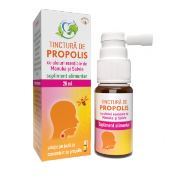 Tinctura de propolis cu uleiuri esentaile de manuka si salvie, 20 ml, Justin Pharma