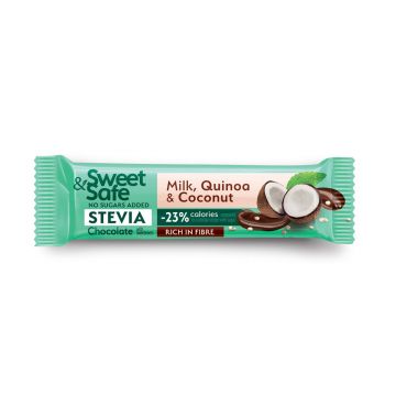 Ciocolata cu lapte si indulcitor natural de stevia Sweet&Safe, cocos si quinoa, 25 g, Sly Nutritia